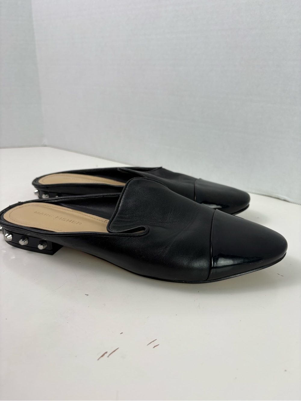 Marc Fisher Black Leather Studded-Heel Slip-On Mules